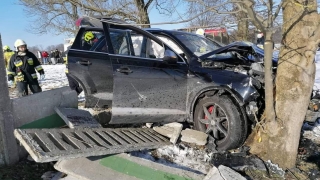 Auto przebiło ogrodzenie i uderzyło w drzewo