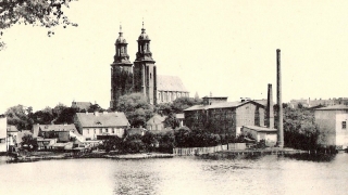 Widok na katedrę z ul. Poznańskiej. Na drugim planie - budynki młyna parowego. (ok. 1910 rok)
